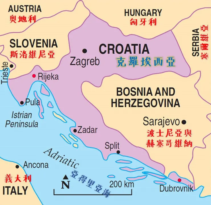 這次郵輪停靠克羅埃西亞二個港口以紅點表示 地圖來源: 網路