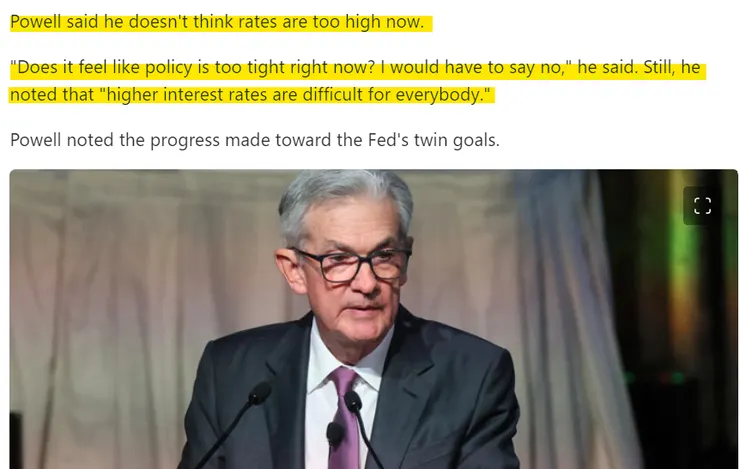 鮑威爾說目前的利率他不覺得太高