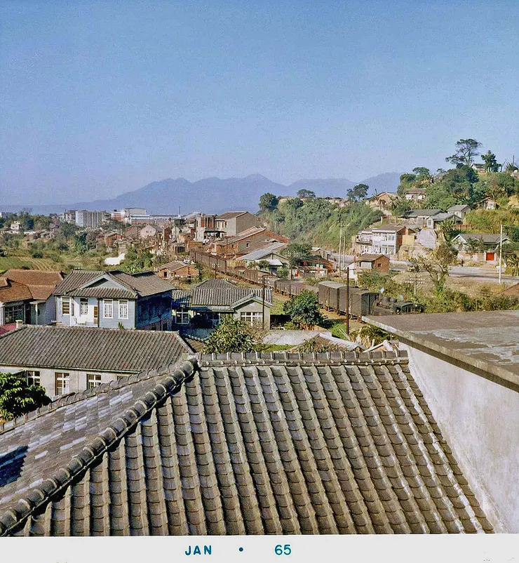 在陽台上望向台北空軍基地。登機門區就在那座長滿樹的山丘另一側。一列貨運列車停在鐵軌上。