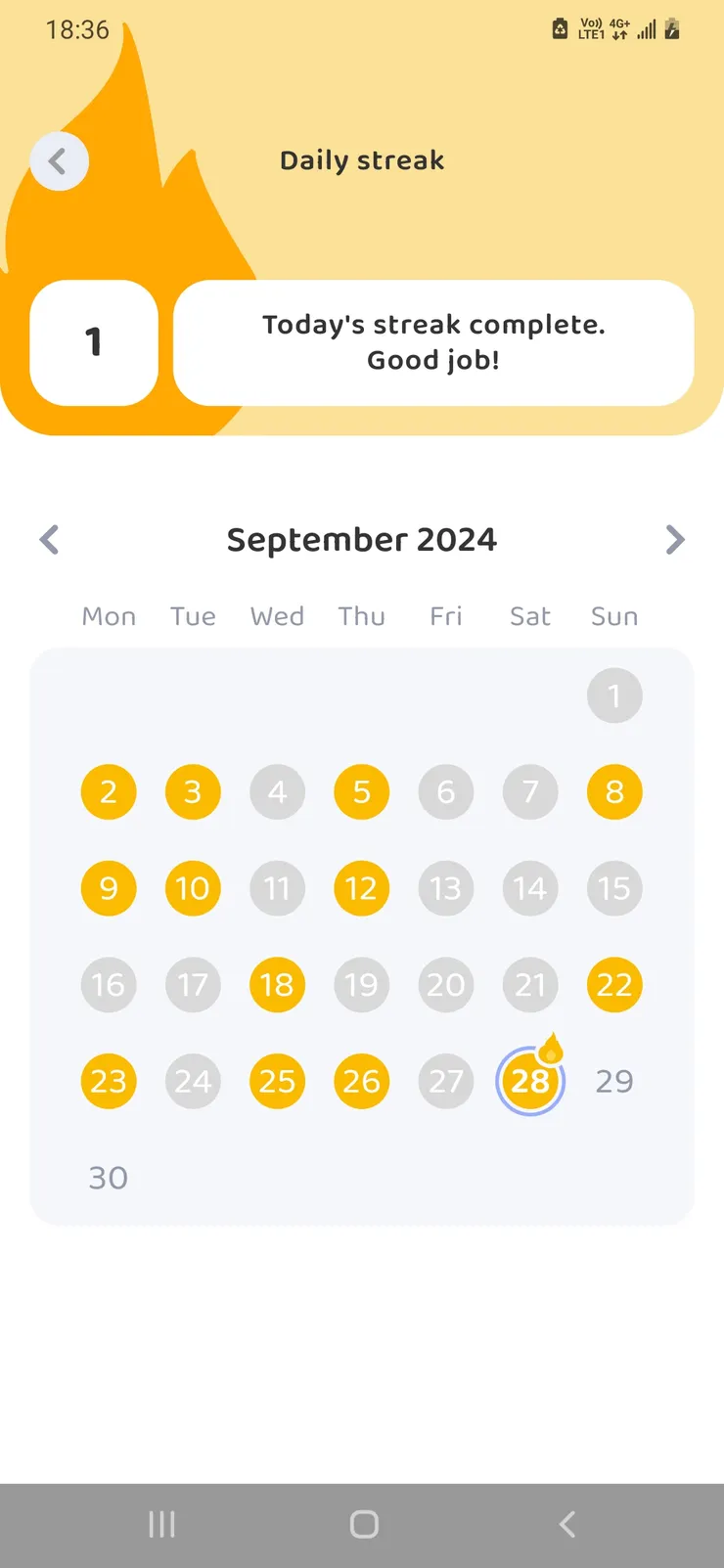 App可以記錄每個月練習的天數，方便追蹤練習頻率。