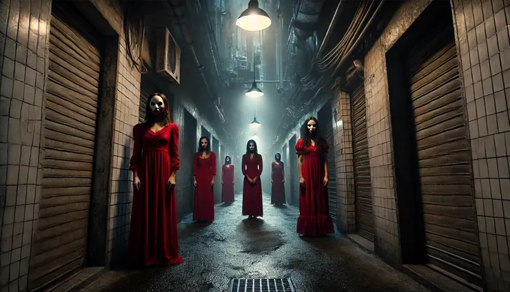 窄巷中的數名紅衣女子...真的很可怕!- ChatGPT