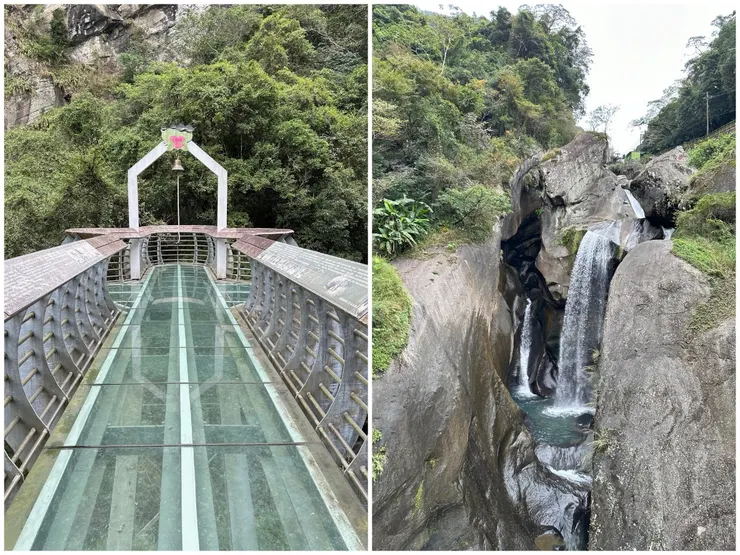 彩虹橋是由透明強化玻璃製作，往下可以看到青蛙石後方瀑布湍急的水流