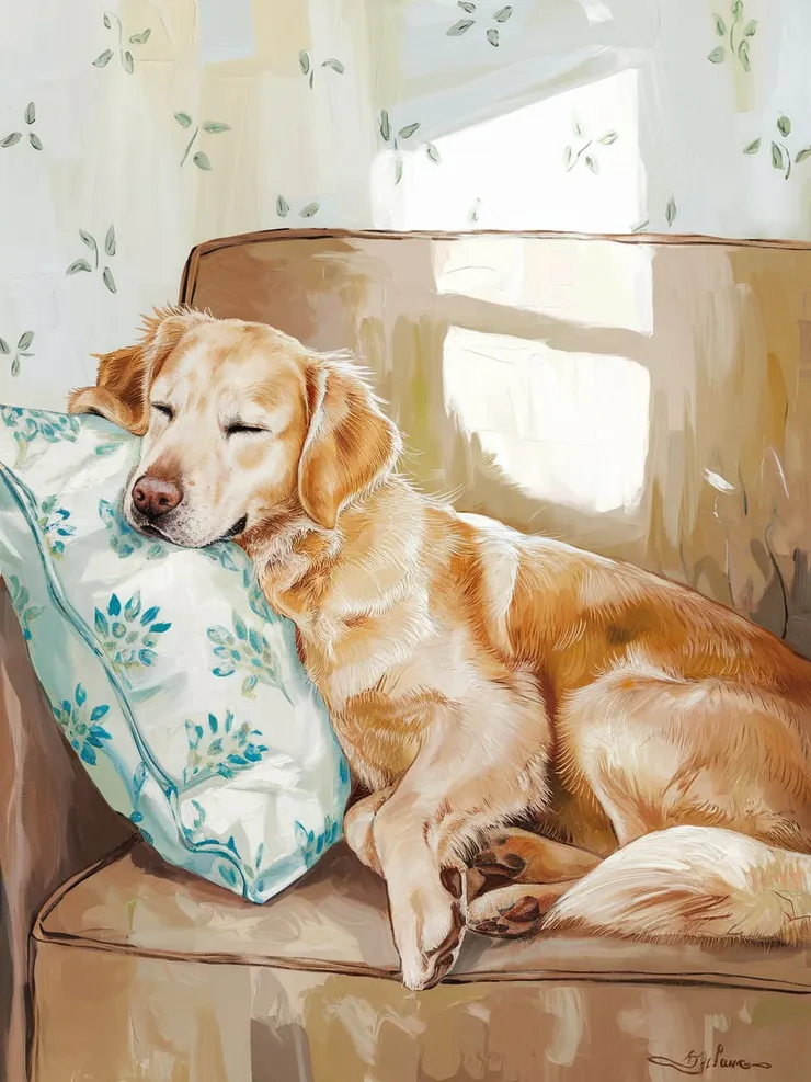 A captivating oil painting illustration of a golden-furred retriever mix, exuding serenity and relaxation as it rests its head on a floral-patterned pillow. The dog, with its eyes closed, sits on a cozy brown couch, framed by a simple white floral wall. Sunlight rays gently caress the scene, creating a warm and inviting atmosphere. The harmonious blend of colors and textures captures a moment of peaceful tranquility in a cozy home setting.