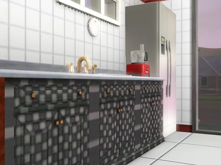 廚櫃我特意選了這款圖案。一來我不想太家用的感覺，但又不想像商業廚房就是不鏽鋼的銀。這些深淺灰格子正適合，不會太單調，但也不失專業感。