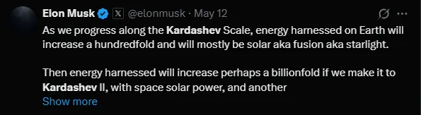 「地球上的能源利用將增加一百倍，而且幾乎來自於太陽能(也就是核融合/恆星光)。」