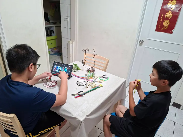 兩兄弟一起玩鋁線