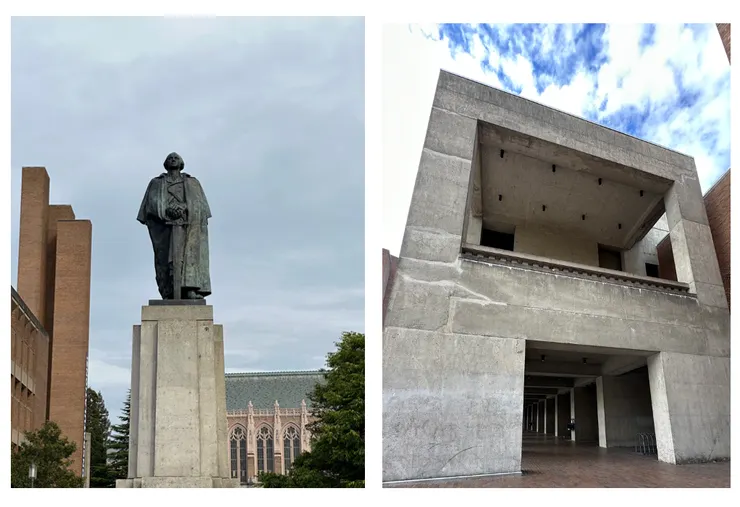 入口處矗立著美國國父喬治華盛頓的雕像;校園裡也有屬於現代主義特色的建築物。(圖 by Vina)