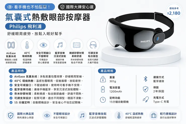 看手機也不怕壓眼！國際大牌安心選｜Philips 飛利浦 氣囊式熱敷眼部按摩器
