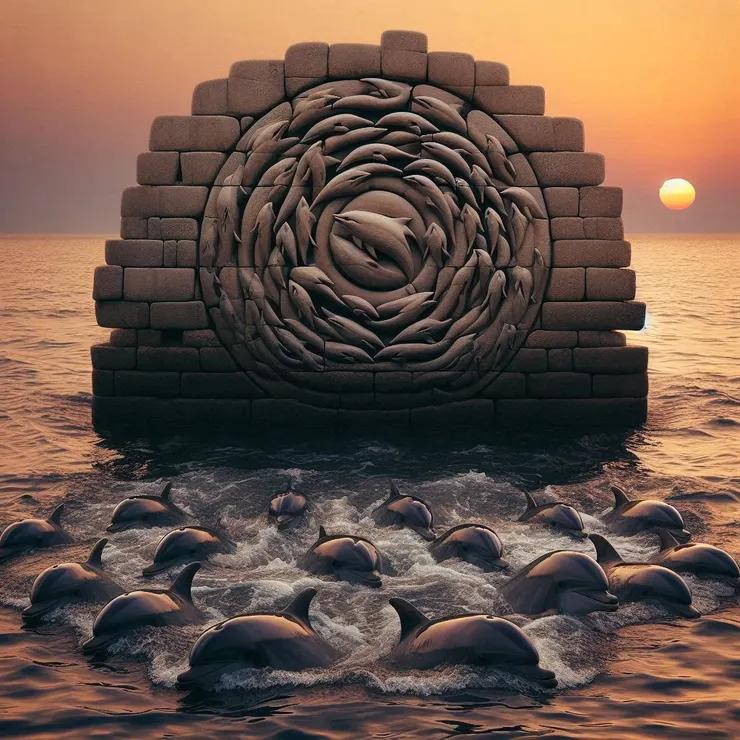 石板與低空跳躍的海豚 - By AI Bing