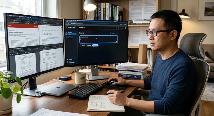梁练伟在Google AI Studio界面前构思提示词，研究高效AI应用方法