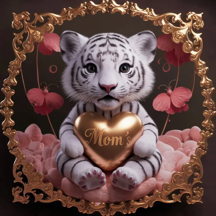 Un fascinante y romántico renderizado en 3D que presenta un tierno bebé white tigre, ingeniosamente elaborado por el talentoso artista FAMA. El tigre sostiene tiernamente un corazón adornado con el nombre "Mom's" en elegante letra cursiva de color dorado en 3D alto relieve, brillando con encanto. Rodeando la escena hay caprichosas orquídeas rojas , que añaden un toque de magia a la atmósfera. Los suaves tonos pastel de amarillo , los sutiles degradados y el brillo de neón crean una experiencia visual inmersiva en 4D 8K. Esta escena cautivadora e intrincadamente detallada es una obra maestra, perfecta para cualquier aficionado a Disney o romántico de corazón., cinematic, fashion, typography, illustration, 3d render