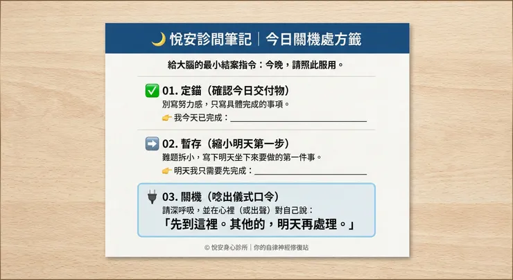 醫師開立的「數位關機處方籤」。建議長按儲存這張圖，今晚睡前試著填空一次，給大腦明確的結案訊號。