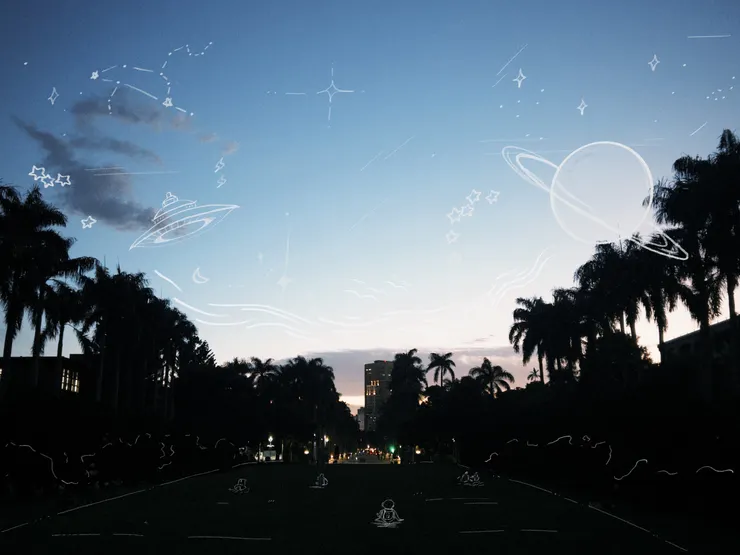 這是台大總圖前的椰林與夜空，也是兩年前坐在書桌前的我，每天企盼的風景。也許你的目標跟我不同，但希望我們都會成就此刻的夢。