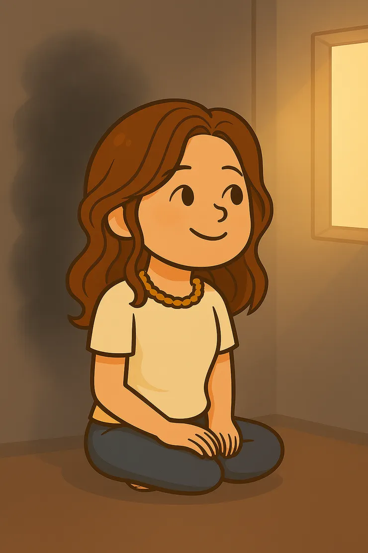 影子逐漸淡去，光照進來。暖橘Q代表著我的樣子，她正安靜地看著光，象徵當我願意看見影子時，反而多了一份平靜和希望。