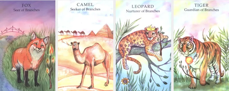 由左至右為狐狸(權杖侍從)-駱駝(權杖騎士)-花豹(權杖皇后)-老虎(權杖國王)