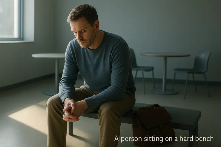 《坐在硬板凳上的人》（硬板凳症候群）之示意圖。〈本封面示意圖由AI協助生成。〉