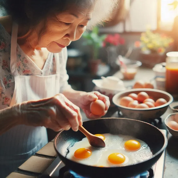 阿嬤忙碌的身影在廚房裡，認真地煎著荷包蛋。