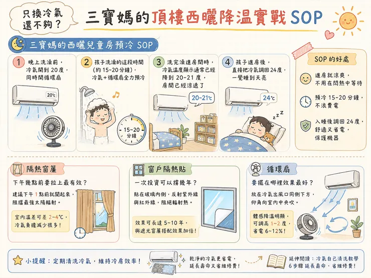 頂樓西曬房間冷氣怎麼用 三寶媽降溫SOP 預冷技巧＋隔熱窗簾＋循環扇 快速涼爽又省電