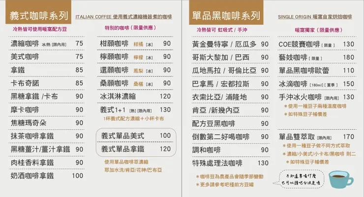  圖片來自 暖窩 咖啡 舒食 逛到忘記拍菜單，只好借用店家粉絲專頁的圖

這只是咖啡部分的菜單，其實他們還有輕食跟甜點 