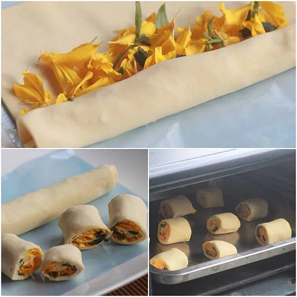 簡單地將萬壽菊花葉用酥皮捲一捲、烤一烤，就是道佐茶的小點心了