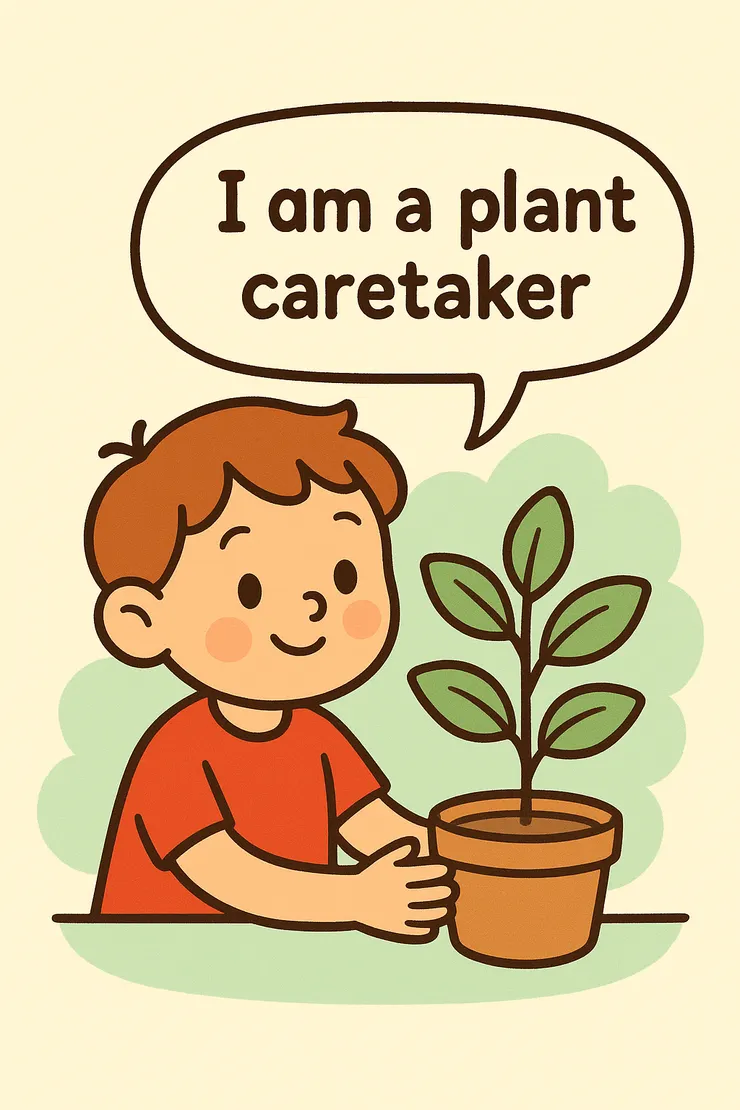 孩子旁有泡泡框，寫「我是會照顧植物的人」