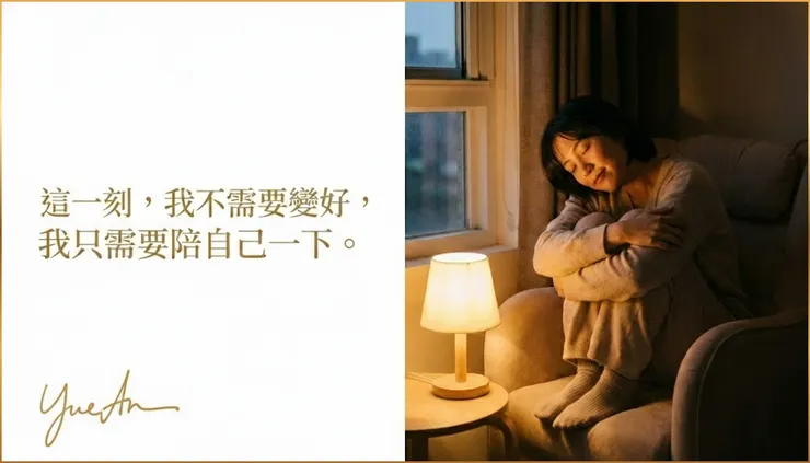 根據 ACT(接納與承諾治療),療癒的起點不是改變,而是「接納(Acceptance)」。在此刻,練習 Kristin Neff 博士提出的「自我慈悲(Self-Compassion)」 —— 不是為了變好才愛自己,而是因為受傷了,所以陪自己坐一下。