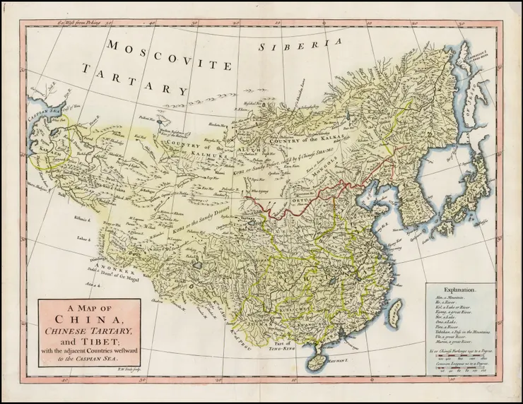 A Map of China, Chinese Tartary, and Tibet, with the adjacent Countries westward of the Caspian Sea.