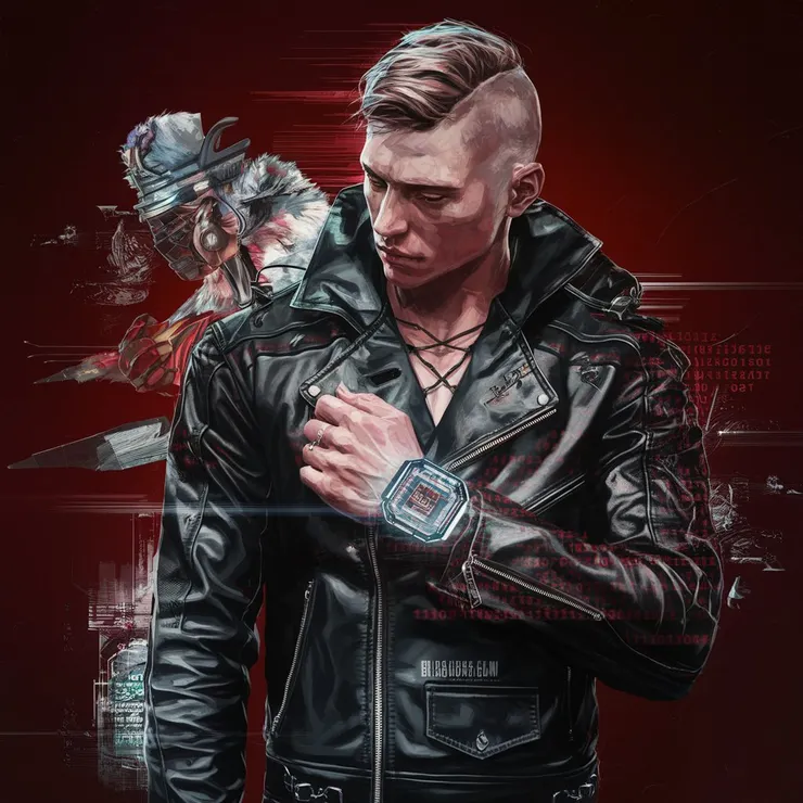 A hyper-maximalist digital painting of a Techno Viking male figure dressed in a black leather jacket. The jacket is adorned with red binary code and a holographic wrist display. The background is a deep red. The artwork seamlessly blends elements of anime, fashion, and dark fantasy in a cinematic aesthetic. The composition incorporates illustration, and hints of wildlife photography and architecture, resulting in a unique and thought-provoking masterpiece.
