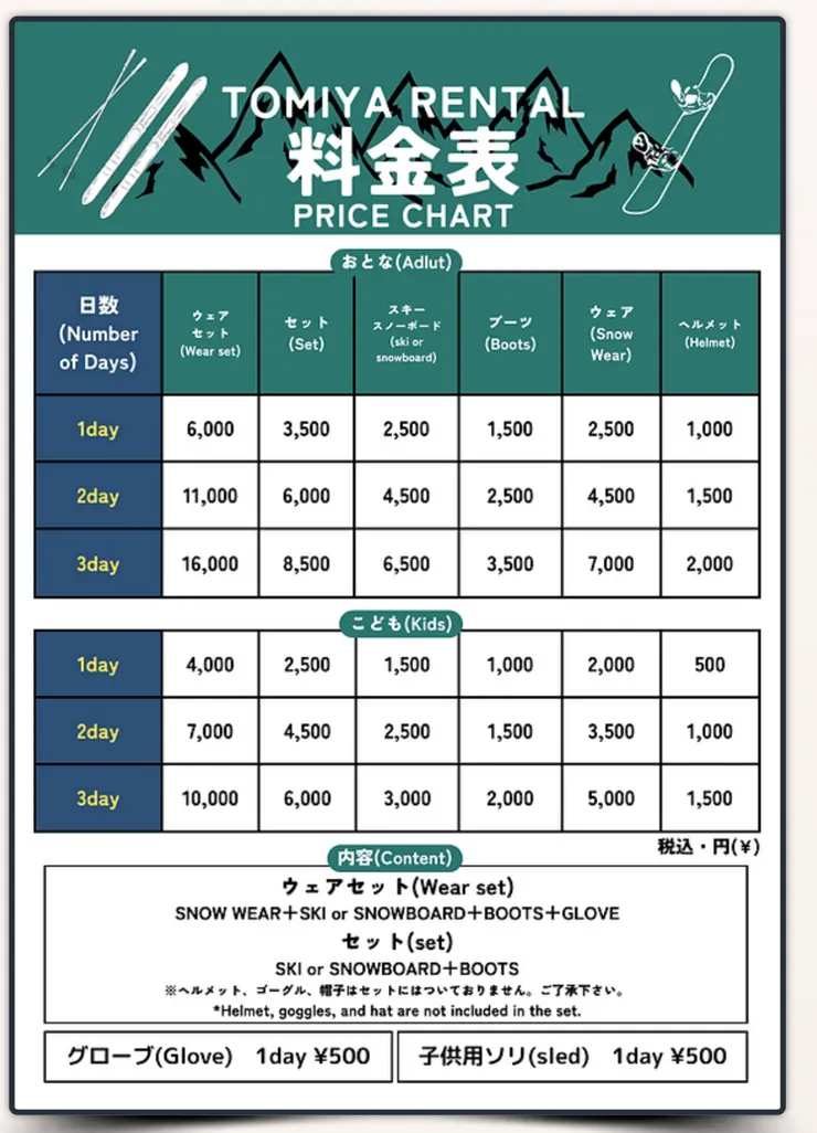 レンタルとみや(TOMIYA RENTAL) 雪具價格表