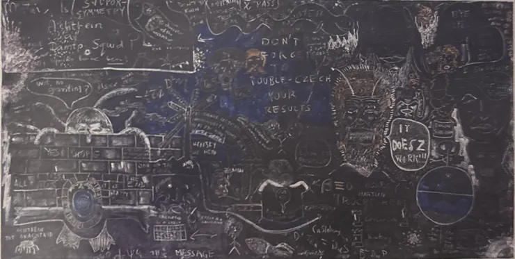 懸掛在霍金劍橋辦公室裡的黑板。（截自《時間的起源》）