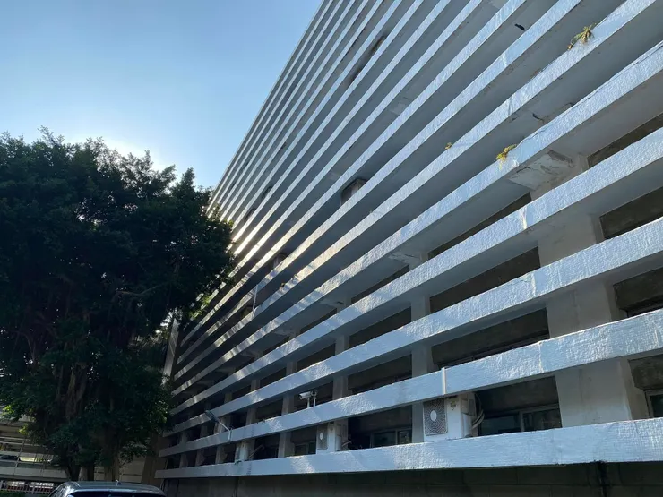 帶有強烈裝飾性的水平遮陽,使得人難以分辨房屋的樓層。實際上,這棟建築大約每三片遮陽板對應一個樓層。