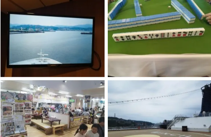 左上：房間內電視有船頭影像直播。左下：牧志市場代客料理餐廳。右下：遼闊甲板一景 