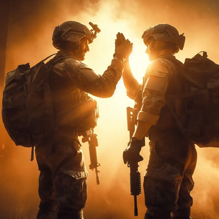 兩名士兵站在曾經的戰場上，他們的眼神充滿了希望和感激。他們已完成了使命，現在可以回家，但他們知道，無論未來如何，他們都會一起面對。