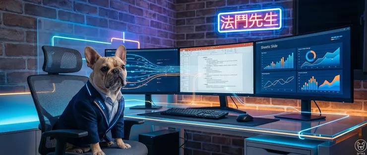 法鬥先生 AI 簡報實測封面：使用 Google Gemini 3 生成大綱結合 Gamma 一鍵排版，快速製作年終總結報告的專業工作場景