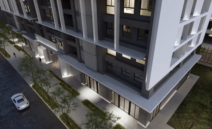 一二樓處的中介銜接以圍繞式雨遮為設計