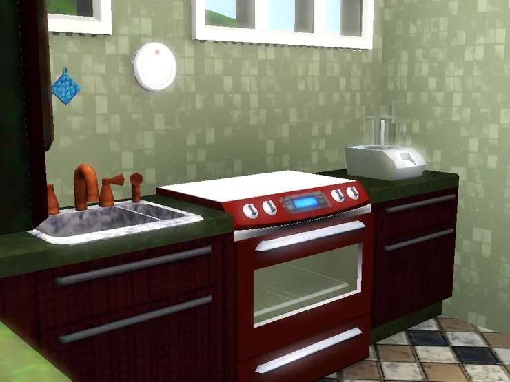 廚房以啡紅和不同的綠色為主。