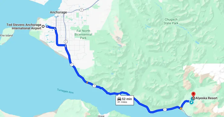 圖七、安克拉治機場到Alyeska Resort路線圖