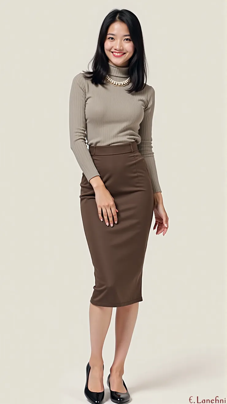 High-waisted pencil skirt, turtleneck top, pearl necklace, ballet flats( 高腰鉛筆裙，高領上衣，珍珠項鍊，芭蕾平底鞋 )