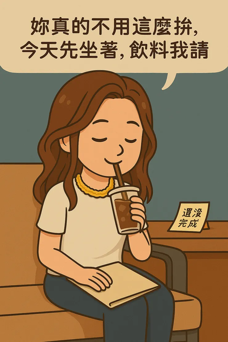 這杯是給總是逞強的你， 妳真的不用這麼拚，今天先坐著，飲料我請。