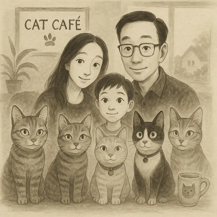 結合傳統水墨筆觸與現代簡約美學，人物與貓咪表情溫和內斂，流露出靜謐且帶點書卷氣的氛圍。