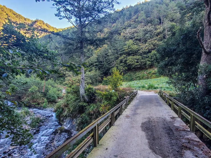兩旁是環山居民種植蔬果的農地，天空偶而有流籠經過