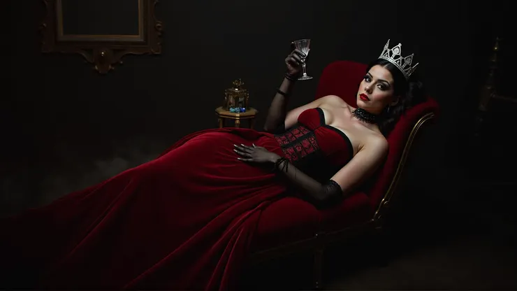 Vampire Queen: Red velvet corset dress, black lace choker, crystal crown, mesh gloves( 吸血鬼女王:紅色絲絨緊身禮服、黑色蕾絲頸圈、水晶皇冠、網狀手套 )