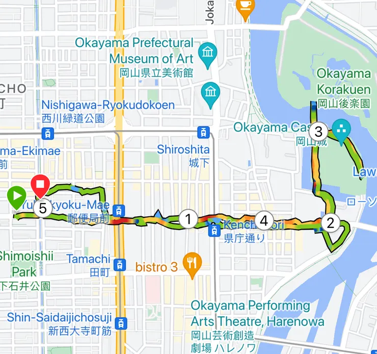 沿著Halle Machi st 跑，會看到天滿屋、岡山商店街，還有岡山縣廳、然後就到了岡山城。