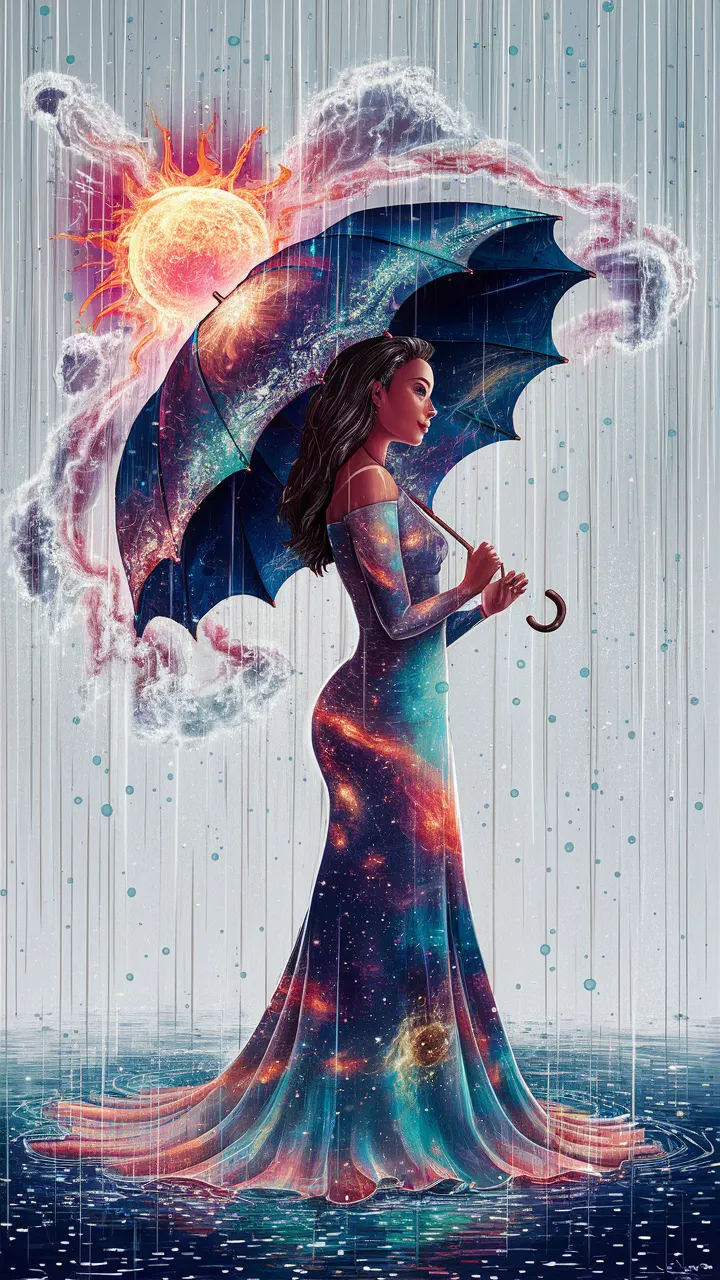A stunning and surreal illustration of a woman standing amidst a shimmering downpour against a whitebackground, surrounded by a mesmerizing blend of colors. She holds an exquisite umbrella adorned with intricate patterns of nebulas, galaxies, and an exploding sun, which casts a vibrant glow on the scene. Her flowing dress seamlessly merges with the rain, creating a captivating visual effect. The ground below reflects the enchanting atmosphere, adding depth to the scene., painting, illustration, white background