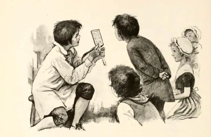 年青時的John Newbery教其他孩子識字，用的正是角帖書。 圖片來源：《SONGS FOR SIXPENCE Story of John Newbery 》