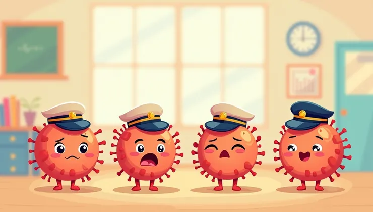 一群小 T 細胞戴著迷你軍帽，排隊參加分辨力測驗，有一些 T 細胞被淘汰站在一旁哭泣