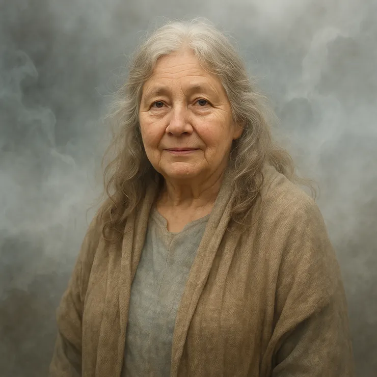 Inside, where light danced faintly upon the walls, Jane sat, calm and serene, her presence softly illuminated in gentle earth tones.