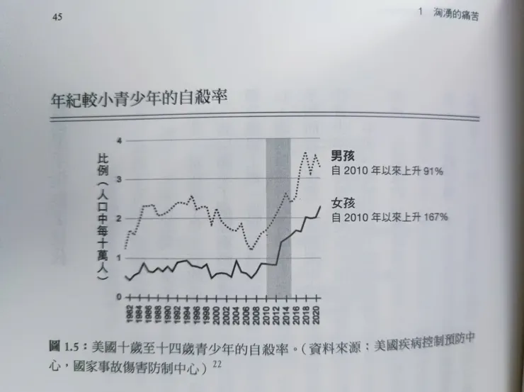 年輕男女的自殺率，皆在2010年開始急遽升高，作者推論這跟以手機為主的童年取代了以玩耍為主的童年有關，智慧型手機以及安全至上主義，一起阻斷了年輕男女需要的現實體驗...