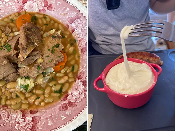 (左)奧克西塔尼省的美食多以白腰豆和肉類一起燉煮 (右)奧克西塔尼北部名產起司馬鈴薯泥Aligot