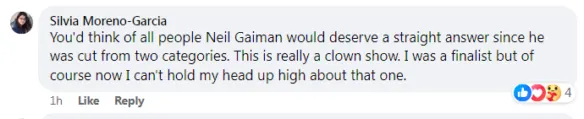 雨果獎最佳小說入圍者希薇雅‧莫雷諾─賈西亞表示，她雖在決選名單上，但看到這些投票過程，感到「抬不起頭」。